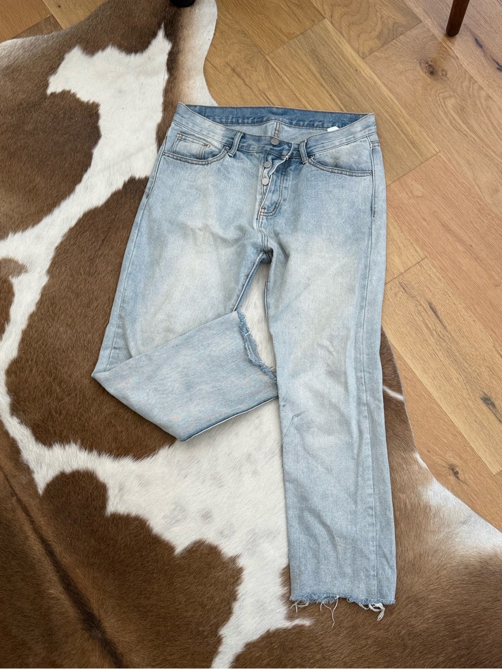 MNML Light Blue Denim Jeans with Tan Leather Patch